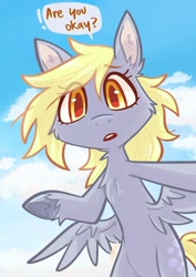 Size: 1355x1911 | Tagged: safe, artist:kazunekomori, derpy hooves, pegasus, pony, g4, chest fluff, colored hooves, ear fluff, hooves, looking at you, outdoors, solo, speech bubble, spread wings, talking to viewer, underhoof, wings