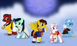 Size: 5000x3000 | Tagged: safe, artist:cranberry-tofu, trixie, oc, oc:brave bolt, oc:coolmint, oc:wandering gallop, oc:whisper call, pony, clothes, cosplay, costume, female, lunar: eternal blue, male, mare, stallion