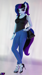 Size: 2160x3840 | Tagged: safe, artist:shadowboltsfm, oc, oc only, oc:maple cake, anthro, plantigrade anthro, 3d, blender, bracelet, breasts, clothes, crossed legs, denim, feet, female, hand on hip, high heels, high res, jeans, jewelry, looking at you, nail polish, not sfm, pants, ponytail, pose, purse, sexy, shoes, smiling, solo