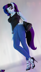 Size: 2160x3840 | Tagged: safe, alternate version, artist:shadowboltsfm, oc, oc only, oc:maple cake, anthro, plantigrade anthro, 3d, blender, bracelet, breasts, clothes, crossed legs, denim, feet, female, hand on hip, high heels, high res, jeans, jewelry, looking at you, nail polish, not sfm, pants, ponytail, pose, purse, sexy, shoes, smiling, solo