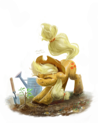 Size: 4000x5000 | Tagged: safe, artist:flvski, applejack, earth pony, pony, g4, applejack's hat, behaving like a cat, cowboy hat, cute, eyes closed, female, gardening, hat, mare, muddy hooves, sapling, shiny, simple background, solo, stretching, trowel, watering can, white background