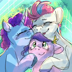 Size: 1280x1280 | Tagged: safe, artist:flurryheart04, misty brightdawn, pipp petals, zipp storm, pegasus, pony, unicorn, g5, :p, abstract background, cheek to cheek, eyes closed, female, floppy ears, group hug, horn, hug, mare, open mouth, open smile, rebirth misty, royal sisters (g5), siblings, sisters, smiling, tongue out, trio, trio female