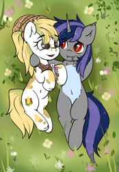 Size: 1640x2360 | Tagged: safe, artist:kristina, oc, oc only, oc:dreaming star, oc:maize goldenrod, bat pony, bat pony unicorn, earth pony, hybrid, pony, unicorn, belly, belly button, belly fluff, commission, couple, cute, duo, duo male and female, female, flower, grass, heart, hooves behind head, horn, looking at someone, lying down, male, mare, on back, pale belly, pudgy, red eyes, slit pupils, stallion, unshorn fetlocks, ych result