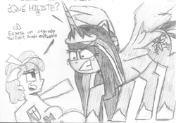 Size: 1701x1188 | Tagged: safe, artist:rosa ushiromiya, cozy glow, twilight sparkle, alicorn, pegasus, pony, g4, angry, duo, duo female, female, foal, mare, monochrome, older, older twilight, older twilight sparkle (alicorn), spanish, spread wings, traditional art, translated in the comments, twilight sparkle (alicorn), wings