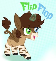 Size: 1103x1193 | Tagged: safe, artist:fillyfool, oc, oc only, oc:flip flop, alicorn, donkey, hybrid, mule, zebra, zebroid, zonkey, alicorn oc, blaze (coat marking), brown body, brown mane, coat markings, curly mane, donkey ears, eyelashes, facial markings, female, filly, foal, freckles, gradient background, heterochromia, hooves, horn, hybrid oc, leg stripes, leonine tail, long ears, magic, mealy mouth (coat marking), open mouth, raised hoof, reference sheet, smiling, socks (coat markings), solo, stripes, tail, wings