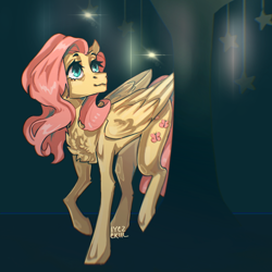 Size: 3600x3600 | Tagged: safe, artist:iyezekiil, fluttershy, pegasus, pony, g4, chest fluff, female, folded wings, looking up, mare, signature, solo, stars, tree, wings