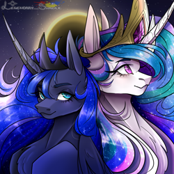 Size: 1000x1000 | Tagged: safe, artist:legendaryshadee, princess celestia, princess luna, alicorn, pony, g4, bust, chest fluff, crown, curved horn, duo, eclipse, ethereal mane, female, horn, jewelry, mare, portrait, regalia, royal sisters, siblings, signature, sisters, smiling, solar eclipse