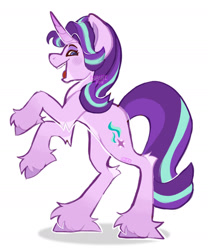 Size: 1280x1541 | Tagged: safe, artist:washifox, starlight glimmer, pony, unicorn, g4, alternate design, big ears, big hooves, blush lines, blushing, colored belly, colored fluff, colored hooves, colored horn, colored pinnae, colored pupils, curved horn, eyeshadow, facial markings, female, fetlock tuft, gradient horn, gradient legs, hock fluff, hooves, horn, looking at you, looking back, makeup, mare, open mouth, open smile, pale belly, pink hooves, profile, purple eyeshadow, purple pupils, rearing, shadow, signature, simple background, slender, smiling, solo, teeth, thin, unshorn fetlocks, white background