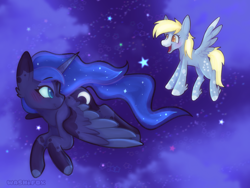 Size: 2160x1620 | Tagged: safe, artist:washifox, derpy hooves, princess luna, alicorn, pegasus, pony, g4, alternate design, big ears, blaze (coat marking), blue hooves, blue pupils, blue sclera, blue wingtips, blush lines, blushing, cloud, coat markings, colored eartips, colored hooves, colored pupils, colored sclera, colored wings, colored wingtips, derp, duo, duo female, ear fluff, ear markings, ethereal mane, ethereal tail, eyebrows, eyebrows visible through hair, eyeshadow, facial markings, female, fetlock tuft, flying, hooves, horn, leg markings, lesbian, looking at each other, looking at someone, makeup, mare, missing accessory, night, orange pupils, profile, purple eyeshadow, ship:lunaderp, shipping, signature, sky, smiling, smiling at each other, socks (coat markings), starry backdrop, starry background, starry mane, starry tail, stars, tail, three toned wings, two toned wings, unicorn horn, white hooves, wing markings, wings