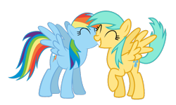 Size: 887x531 | Tagged: safe, edit, vector edit, rainbow dash, sunshower raindrops, pegasus, pony, g4, ^^, cheek kiss, crack shipping, duo, duo female, eyes closed, female, happy, kissing, lesbian, mare, raised hoof, ship:rainbowdrops, shipping, simple background, spread wings, transparent background, vector, wings