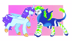 Size: 2048x1202 | Tagged: safe, artist:neonbug2, oc, oc only, okapi, unicorn, cloven hooves, curved horn, duo, heart, horn, leonine tail, passepartout, tail, unicorn oc