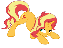 Size: 1611x1229 | Tagged: safe, artist:gmaplay, sunset shimmer, pony, unicorn, equestria girls, g4, shake your tail, ass up, butt shake, dock, face down ass up, female, horn, mare, simple background, solo, tail, transparent background