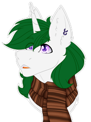 Size: 2890x3855 | Tagged: safe, artist:mustarddreams, oc, oc only, oc:zenith night, unicorn, clothes, cute, ear piercing, horn, piercing, scarf, solo, sparkly eyes, striped scarf, unicorn oc, wingding eyes