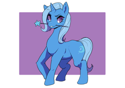 Size: 4960x3508 | Tagged: safe, artist:doofrabbit, derpibooru exclusive, trixie, pony, unicorn, g4, absurd resolution, eyebrows, female, grin, horn, looking at you, magic wand, mare, mouth hold, open mouth, passepartout, smiling, smiling at you, solo, starry eyes, wingding eyes