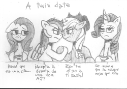 Size: 1693x1188 | Tagged: safe, artist:rosa ushiromiya, applejack, fluttershy, rainbow dash, rarity, earth pony, pegasus, pony, unicorn, g4, angry, applejack's hat, cowboy hat, cup, female, hat, horn, lesbian, mare, monochrome, ship:flutterdash, ship:rarijack, shipping, spanish, traditional art