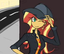 Size: 3500x2951 | Tagged: safe, artist:willowcatkin, sunset shimmer, human, display of affection, equestria girls, g4, my little pony equestria girls: better together, cap, female, flanksy, hat, long neck, no nose, one eye closed, solo, tomboy, wink