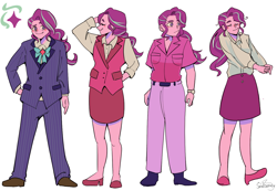 Size: 1300x900 | Tagged: safe, artist:sadscruffy, starlight glimmer, human, equestria girls, g4, blush sticker, blushing, clothes, hand in pocket, headmare starlight, high heels, long sleeved shirt, long sleeves, shirt, shoes, simple background, skirt, solo, suit, vest, white background