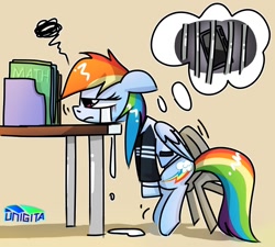 Size: 1000x900 | Tagged: safe, artist:unigita, rainbow dash, pegasus, pony, g4, bars, cellphone, clothes, confiscated, desk, devastated, female, phone, school desk, school uniform, signature, smartphone, solo, thought bubble