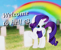 Size: 720x588 | Tagged: safe, artist:trrrebleee, edit, rarity, unicorn, g4, dreamcore, gravestone, graveyard, horn, liminal space, meme, rainbow, shading, text