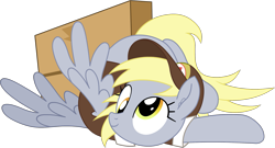 Size: 2331x1262 | Tagged: safe, artist:spookitty, derpy hooves, pegasus, pony, rainbow dash presents, g4, box, family guy death pose, female, mare, pony waifu sim, simple background, solo, transparent background