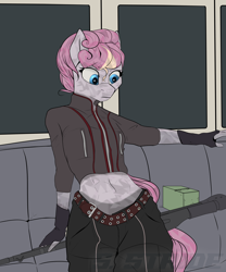 Size: 5000x6000 | Tagged: safe, artist:shade stride, oc, oc only, oc:zerohour, crystal pony, anthro, belt, clothes, female, fingerless gloves, gloves, gun, jacket, panties, see-through, sitting, solo, underwear, watermark, weapon