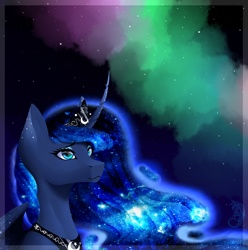 Size: 1920x1932 | Tagged: safe, artist:pheshka, princess luna, alicorn, pony, g4, aurora borealis, bust, curved horn, horn, night, solo