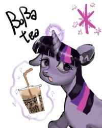 Size: 961x1201 | Tagged: safe, artist:lide, twilight sparkle, pony, unicorn, g4, bubble tea, drink, female, floppy ears, horn, levitation, magic, mare, one ear down, open mouth, simple background, solo, telekinesis, text, unicorn twilight, white background