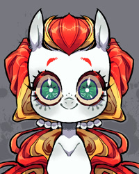 Size: 1080x1350 | Tagged: safe, alternate version, artist:batzy-artz, part of a set, citrus sweetheart, earth pony, pony, g3, abstract background, alternate design, alternate hairstyle, big eyes, colored eyelashes, colored sclera, creepy, creepy smile, female, green eyes, hair tie, heart, heart eyes, looking at you, mare, outline, ponytail, red eyelashes, shiny eyelashes, smiling, solo, staring at you, staring into your soul, symmetrical, tied mane, two toned mane, white coat, white pupils, wide eyes, wingding eyes, yellow sclera, zoomed in