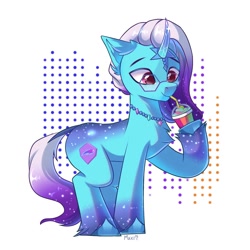 Size: 2000x2000 | Tagged: safe, artist:maxi_ponie, comet (g5), auroricorn, pony, g5, cometbetes, curved horn, cute, drink, drinking, drinking straw, ear fluff, glasses, high res, horn, jewelry, male, necklace, raised hoof, simple background, smiling, smoothie, solo, stallion, tail, unshorn fetlocks, white background