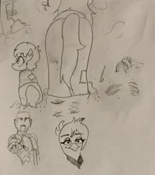 Size: 1810x2048 | Tagged: safe, artist:pony quarantine, oc, oc only, oc:whore birb, earth pony, griffon, pony, robot, bust, butt, female, filly, foal, grayscale, griffon oc, mare, monochrome, partially submerged, pencil drawing, plot, pointing at you, rear view, traditional art