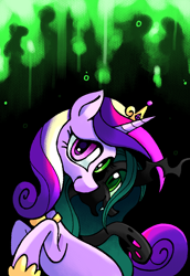 Size: 1410x2048 | Tagged: safe, artist:chipchapp, princess cadance, queen chrysalis, alicorn, changeling, changeling queen, pony, g4, abstract background, changeling horn, colored pupils, crown, curly mane, curly tail, disguise, disguised changeling, duality, duo, duo female, eyelashes, female, gradient sclera, green eyes, hoof shoes, horn, implied changeling, jewelry, long horn, looking at you, looking back, mare, open mouth, open smile, peytral, pink coat, pink eyes, princess shoes, profile, purple pupils, raised hoof, raised hooves, regalia, smiling, smiling at you, tail, texture, three quarter view, three toned mane, tiara, two toned tail, unicorn horn, wingless