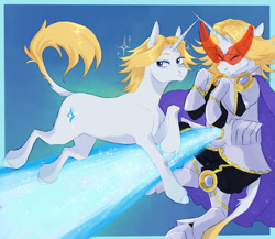 Size: 1500x1300 | Tagged: safe, artist:abbytabbys, part of a set, classical unicorn, pony, unicorn, :>, anime, aoyama yuga, armor, baggy pants, belt buckle, blonde mane, blonde tail, blue background, blue eyeshadow, blue hooves, bodysuit, boots, border, cape, chestplate, clothes, cloven hooves, colored eyebrows, colored hooves, costume, duality, emanata, eyelashes, eyes closed, eyeshadow, floppy ears, fluffy mane, fluffy tail, galloping, hoof boots, hooves, horn, laser, leonine tail, lidded eyes, long horn, looking back, magic, makeup, male, my hero academia, pants, passepartout, plewds, ponified, purple eyes, raised hooves, scrunchy face, shiny hooves, shiny mane, shiny tail, shoes, shoulder pads, solo, sparkles, superhero costume, sweat, sweatdrop, tail, tail fluff, teenager, three quarter view, unicorn horn, unshorn fetlocks, visor, white coat