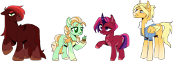 Size: 1352x475 | Tagged: safe, artist:jusenji, artist:nond-tastic, artist:selenaede, oc, oc only, unnamed oc, earth pony, pegasus, pony, unicorn, apron, base used, clothes, coat markings, collaboration, colored eyelashes, colored hooves, colored pinnae, cupcake, ear fluff, ear freckles, ear tufts, earth pony oc, eyeshadow, facial hair, facial markings, female, food, freckles, goatee, gradient legs, green eyelashes, hoof hold, hooves, horn, jacket, leg fluff, makeup, male, mare, mealy mouth (coat marking), offspring, pale belly, parent:applejack, parent:big macintosh, parent:flash sentry, parent:fluttershy, parent:rainbow dash, parent:soarin', parent:trouble shoes, parent:twilight sparkle, parents:flutterflash, parents:soarinjack, parents:troubledash, parents:twimac, pegasus oc, raised hoof, scruff, shiny hooves, simple background, small wings, stallion, stripe (coat marking), transparent background, unicorn oc, unshorn fetlocks, wing freckles, wings