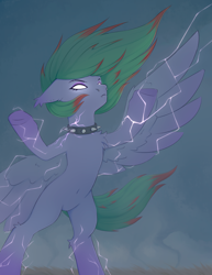 Size: 1642x2129 | Tagged: safe, artist:tanatos, oc, oc:electra, hybrid, pegabat, belly, belly button, chest fluff, choker, ear fluff, ear piercing, electricity magic, fangs, lightning, piercing, spiked choker, storm, underhoof, wings