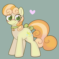 Size: 1800x1800 | Tagged: safe, artist:php193, junebug, earth pony, pony, g4, adorabug, background pony, bell, bell collar, bow, collar, curly mane, cute, female, green background, mare, simple background, solo, tail, tail bow, wingding eyes