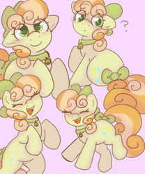 Size: 1500x1800 | Tagged: safe, artist:php193, junebug, earth pony, pony, g4, adorabug, background pony, bell, bell collar, blushing, bow, collar, curly mane, curly tail, cute, female, hair bow, happy, laughing, mare, smiling, solo, tail, tail bow