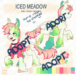 Size: 2000x2000 | Tagged: safe, artist:lionbun, oc, oc only, oc:iced meadow, pony, unicorn, :3, adoptable, advertisement, base used, character design, choker, clothes, color palette, colored pinnae, cutie mark, ear piercing, ear tufts, earring, facial markings, green coat, heterochromia, horn, horn markings, jewelry, leg markings, leonine tail, long fetlocks, long tail, male, obtrusive watermark, piercing, reference sheet, shirt, stallion, tail, tail markings, two toned mane, two toned tail, underhoof, unshorn fetlocks, watermark, yellow hooves