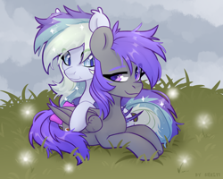 Size: 2500x2000 | Tagged: safe, artist:shelti, oc, oc only, oc:rural soup, oc:wisty starshine, bat pony, pegasus, pony, bat wings, bow, cloud, colored eyebrows, duo, duo female, eye clipping through hair, eyebrows, female, folded wings, grass, gray coat, hoof hold, looking at each other, looking at someone, lying down, multicolored eyes, multicolored hair, multicolored mane, multicolored tail, outdoors, plants, prone, purple eyes, purple hair, purple mane, purple tail, purple wings, raised eyebrow, raised hoof, slit pupils, sparkles, tail, tail bow, teal eyes, teal mane, teal tail, white coat, wings, yellow mane, yellow tail