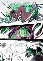 Size: 2894x4093 | Tagged: safe, artist:r-cang, princess cadance, queen chrysalis, alicorn, angel, changeling, changeling queen, pony, g4, alternate universe, comic, crying, green eyes, looking at someone, merging