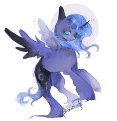 Size: 4846x5054 | Tagged: safe, artist:hoszzek, princess luna, alicorn, pony, g4, absurd resolution, female, long feather, mare, rearing, s1 luna, signature, simple background, solo, spread wings, unusual pupils, white background, wings