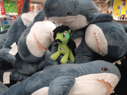 Size: 3264x2448 | Tagged: safe, oc, oc:filly anon, earth pony, pony, shark, black mane, black tail, blåhaj, fake moustache, female, filly, green coat, green eyes, handlebar moustache, ikea, irl, photo, pile, plushie, pony plushie, scouter, shark plushie, solo, tail