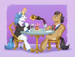 Size: 7411x5643 | Tagged: safe, artist:birdoffnorth, fancypants, filthy rich, earth pony, pony, unicorn, g4, absurd resolution, alcohol, bottle, chair, clothes, commission, drink, duo, duo male, glass, glowing, glowing horn, hooves on the table, horn, looking at each other, looking at someone, magic, male, necktie, passepartout, potted plant, pouring, purple background, side view, simple background, sitting, sitting at table, stallion, suit, table, talking, wine, wine bottle, wine glass