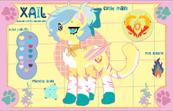 Size: 1588x1015 | Tagged: safe, oc, oc only, oc:xail, alicorn, cat, cat pony, dracony, dragon, hybrid, original species, g4, abstract background, blue sclera, bow, cat tail, chest fluff, choker, color palette, colored sclera, colored wings, dinofelis draconis, female, fire, folded wings, hair bow, heterochromia, horns, kitten, leg stripes, mare, pale belly, paws, ponytail, reference sheet, solo, stripes, tail, two toned wings, white pupils, wings