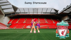 Size: 2000x1125 | Tagged: safe, editor:izzymoonbow_444, sunny starscout, earth pony, pony, g5, anfield, cap, comic sans, football, hat, irl, liverpool, liverpool fc, mane stripe sunny, nike, nike logo, photo, ponies in real life, solo, sports