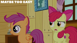 Size: 2000x1125 | Tagged: safe, edit, edited screencap, editor:quoterific, screencap, apple bloom, scootaloo, earth pony, pegasus, pony, g4, on your marks, season 6, bow, clubhouse, crusaders clubhouse, dialogue, duo, duo female, female, filly, foal, folded wings, frown, smiling, wings