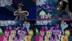 Size: 2000x1125 | Tagged: safe, edit, edited screencap, editor:quoterific, screencap, applejack, fluttershy, king sombra, pinkie pie, rainbow dash, rarity, twilight sparkle, alicorn, earth pony, pegasus, pony, umbrum, unicorn, g4, the beginning of the end, cape, cave, clothes, floppy ears, flying, folded wings, frown, horn, looking down, mane six, talking, text, three toned mane, twilight sparkle (alicorn), upset, wings