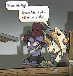 Size: 2093x2183 | Tagged: safe, artist:smirk, oc, oc only, oc:anne arkie, oc:mag cap, pony, unicorn, fallout equestria, black eye, bondage, captive, clothes, dialogue, duo, ear piercing, floppy ears, gag, gun, gunpoint, horn, horn ring, implied slavery, piercing, ring, scar, shotgun, tied up, unicorn oc, weapon