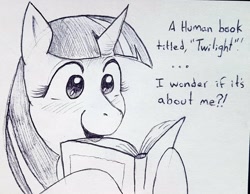 Size: 2518x1958 | Tagged: safe, artist:neohexane, twilight sparkle, g4, book, monochrome, solo, this will end in disappointment, traditional art, twilight (series)