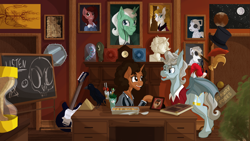 Size: 4000x2250 | Tagged: safe, artist:sixes&sevens, bat pony, cyberman, pony, unicorn, bill potts, chalkboard, clara oswin oswald, desk, doctor who, first doctor, food, guitar, horn, hourglass, indoors, lasagna, musical instrument, pasta, ponified, river song (doctor who), susan foreman, twelfth doctor, wallpaper