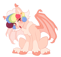 Size: 1450x1350 | Tagged: safe, artist:sociofag, oc, oc only, oc:puffy amour, bat pony, bat pony oc, bat wings, colored wings, ear fluff, ear piercing, earring, eyebrows, eyebrows visible through hair, fangs, female, fetlock tuft, flirting, full body, hoof fluff, jewelry, mare, multicolored hair, multicolored wings, piercing, simple background, smiling, solo, spread wings